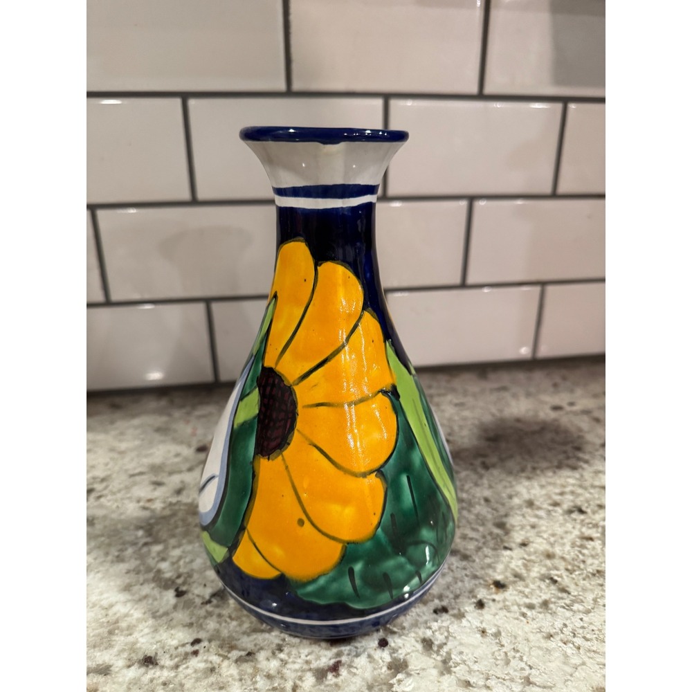 Mexican Talavera Hand Painted Sunflower Calla Lily Pottery Vase 9.5 Inch